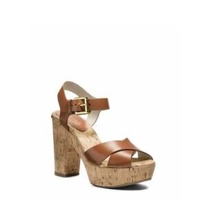 Michael Kors Walnut Natalia 8.5 Leather Platform Sandal Brown Cork 4.5 Inch Heel